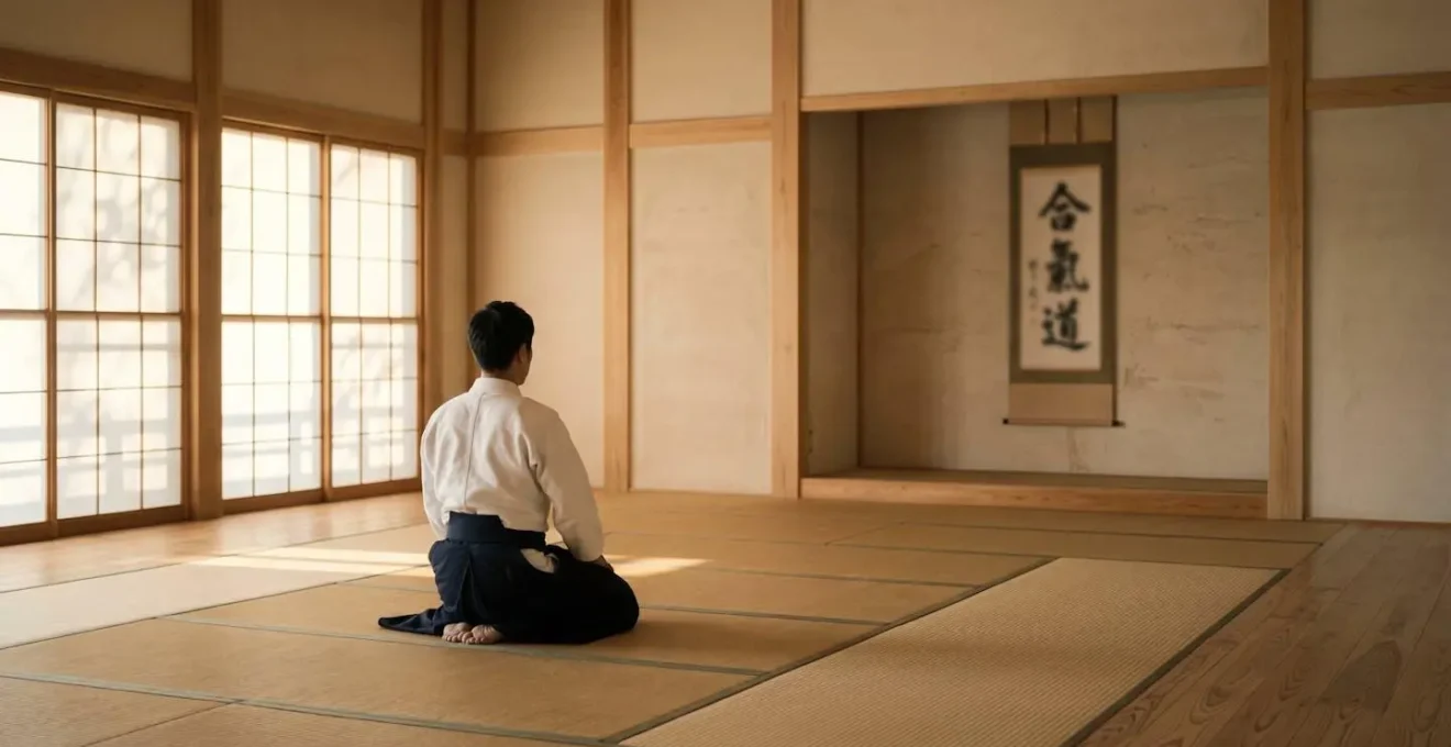 Pratiquant d'aïkido en posture méditative dans un dojo japonais traditionnel baigné de lumière naturelle