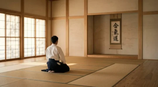 Pratiquant d'aïkido en posture méditative dans un dojo japonais traditionnel baigné de lumière naturelle