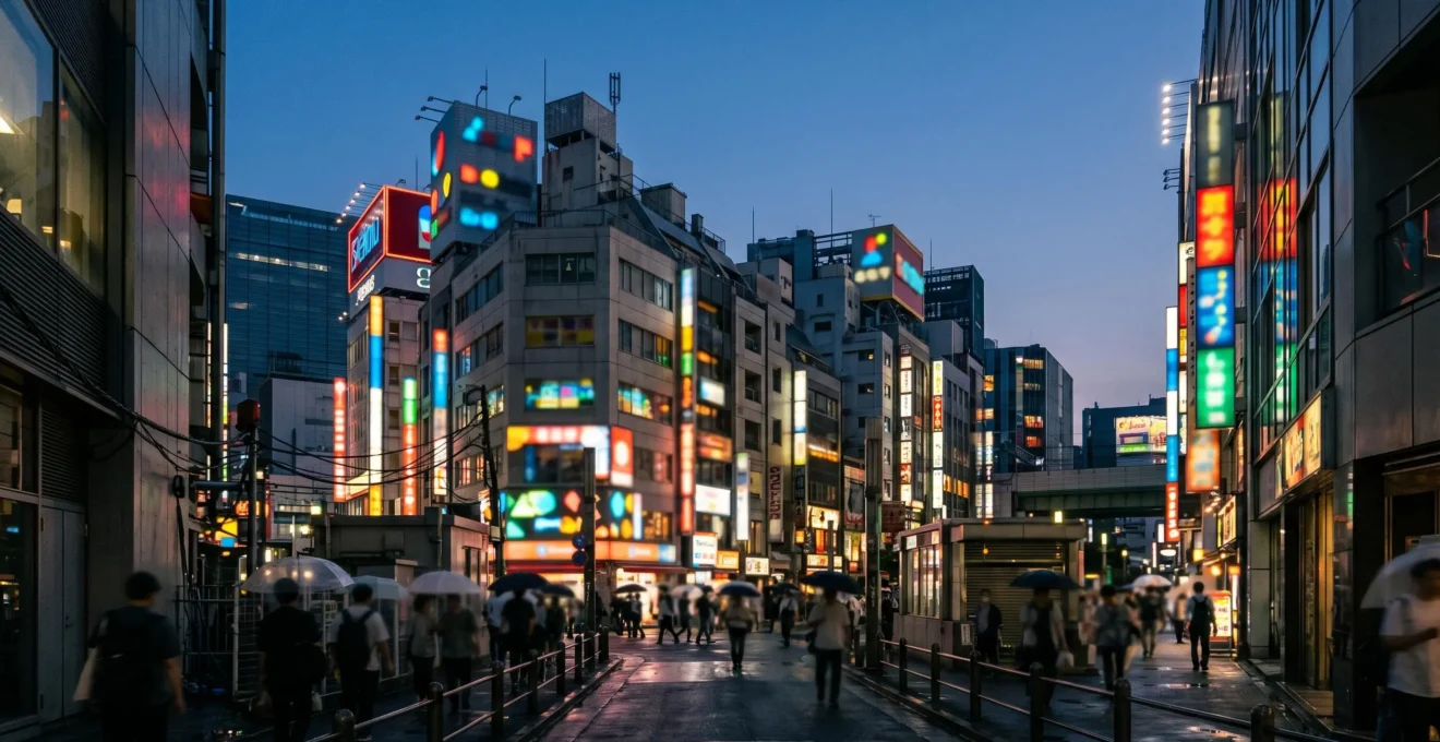 Vue nocturne emblématique d'Akihabara avec néons colorés et ambiance électrique du quartier otaku de Tokyo