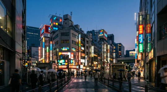 Vue nocturne emblématique d'Akihabara avec néons colorés et ambiance électrique du quartier otaku de Tokyo