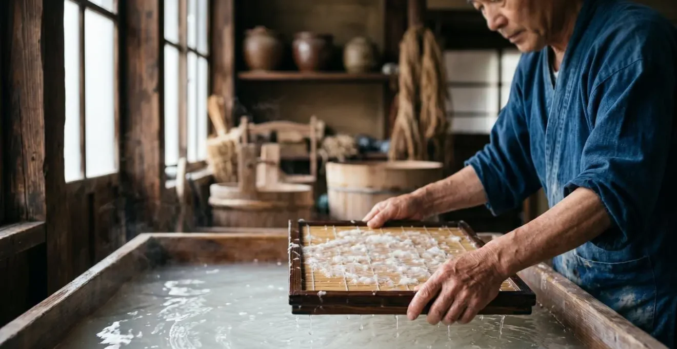 Artisan japonais façonnant une feuille de papier washi dans un atelier traditionnel