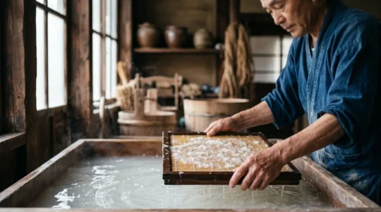 Artisan japonais façonnant une feuille de papier washi dans un atelier traditionnel