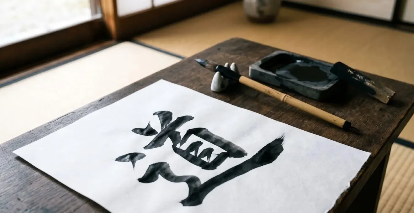 Atelier de calligraphie japonaise avec pinceau traditionnel et pierre à encre préparée pour l'écriture de kanjis