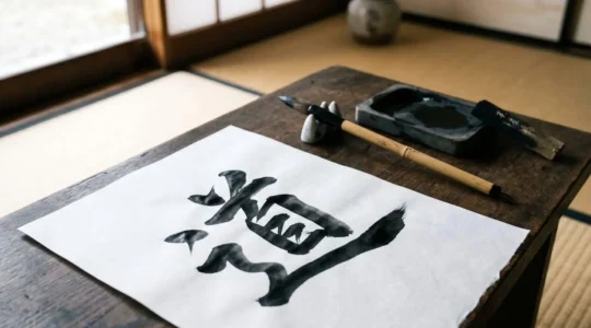 Atelier de calligraphie japonaise avec pinceau traditionnel et pierre à encre préparée pour l'écriture de kanjis