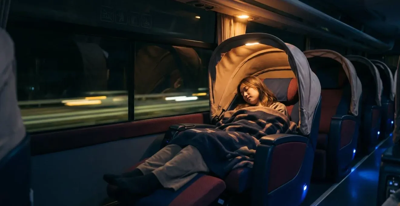 Intérieur confortable d'un bus de nuit japonais avec sièges inclinables cocon pendant un trajet nocturne
