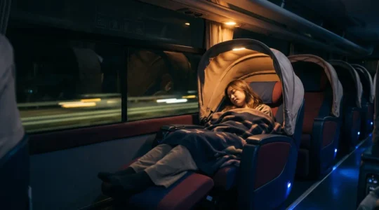 Intérieur confortable d'un bus de nuit japonais avec sièges inclinables cocon pendant un trajet nocturne