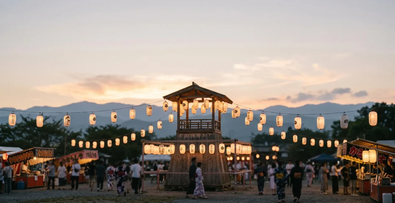 Vue panoramique festive d'un matsuri japonais avec lanternes traditionnelles et atmosphere celebratoire