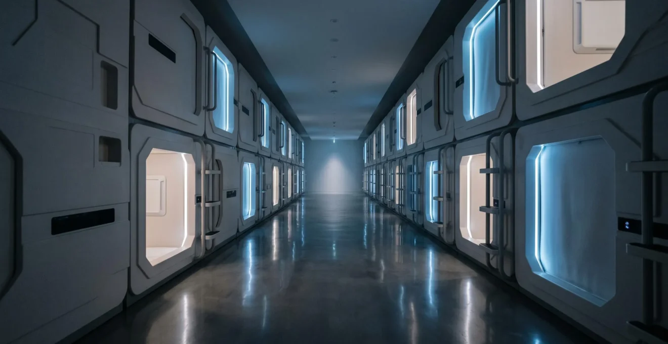 Rangée de capsules d'hôtel futuristes illuminées dans la pénombre avec un éclairage indirect minimaliste