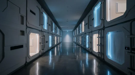 Rangée de capsules d'hôtel futuristes illuminées dans la pénombre avec un éclairage indirect minimaliste