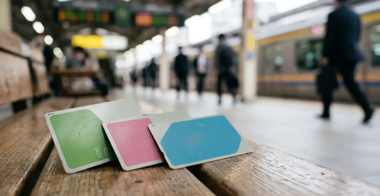 Vue rapprochée de cartes de transport japonaises IC dans un environnement de gare moderne
