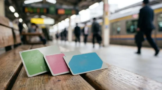 Vue rapprochée de cartes de transport japonaises IC dans un environnement de gare moderne