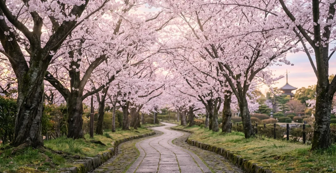 Rangée de cerisiers en fleurs au Japon dans la lumière dorée de l'aube, avec un chemin paisible et vide