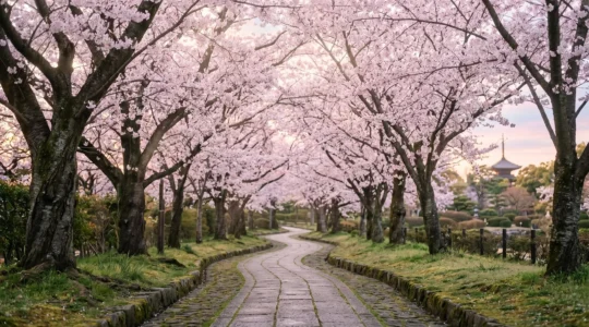 Rangée de cerisiers en fleurs au Japon dans la lumière dorée de l'aube, avec un chemin paisible et vide