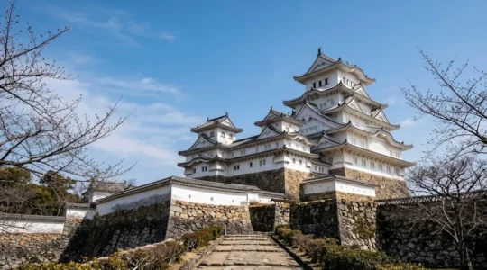 Le château de Himeji, surnommé le Héron Blanc, se dressant majestueusement avec ses murs immaculés et son architecture défensive japonaise