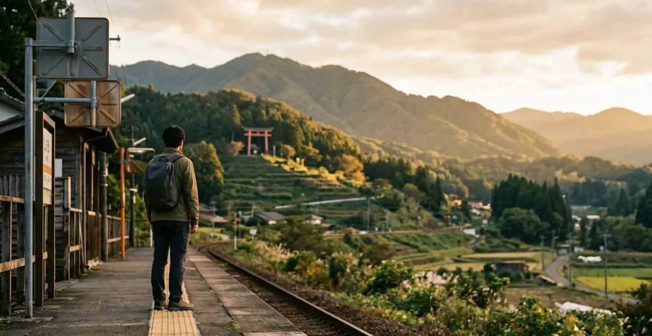 Voyageur contemplant un paysage japonais avec valise légère, symbolisant le voyage organisé et serein