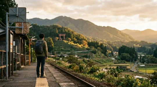 Voyageur contemplant un paysage japonais avec valise légère, symbolisant le voyage organisé et serein
