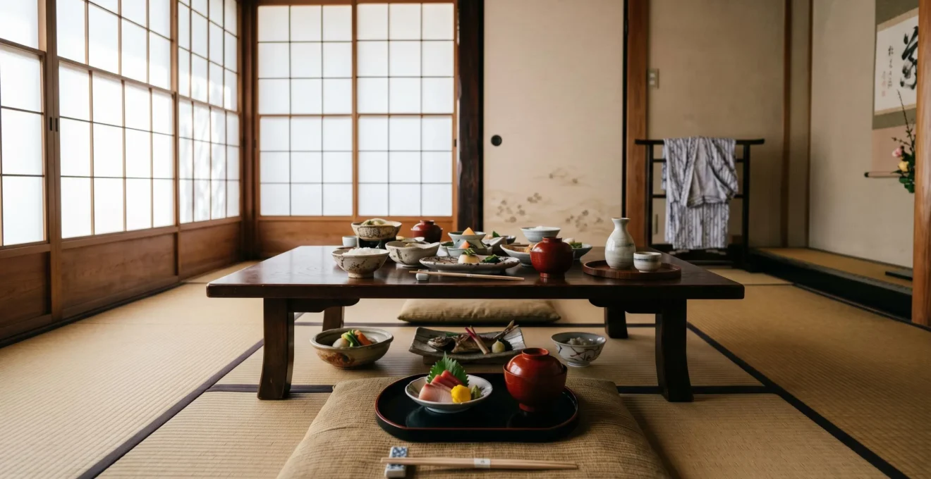 Table basse traditionnelle japonaise dressée avec un repas kaiseki en plusieurs plats, disposée sur un tatami dans une chambre de ryokan