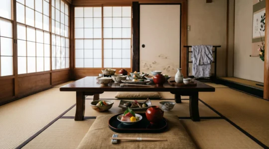 Table basse traditionnelle japonaise dressée avec un repas kaiseki en plusieurs plats, disposée sur un tatami dans une chambre de ryokan