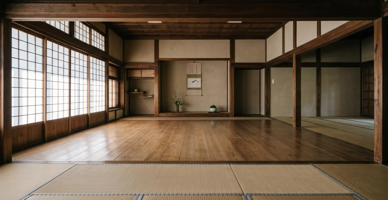 Intérieur traditionnel d'un dojo japonais avec tatamis et lumière naturelle filtrant par les shoji