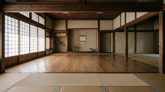 Intérieur traditionnel d'un dojo japonais avec tatamis et lumière naturelle filtrant par les shoji