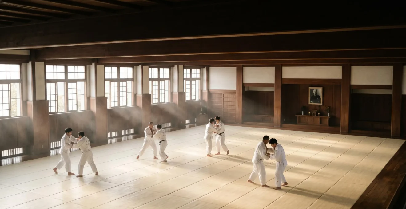 Vue atmospherique du dojo du Kodokan a Tokyo pendant une seance d'entrainement de judo avec judokas en action