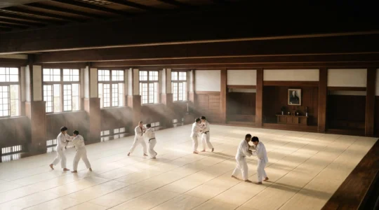 Vue atmospherique du dojo du Kodokan a Tokyo pendant une seance d'entrainement de judo avec judokas en action