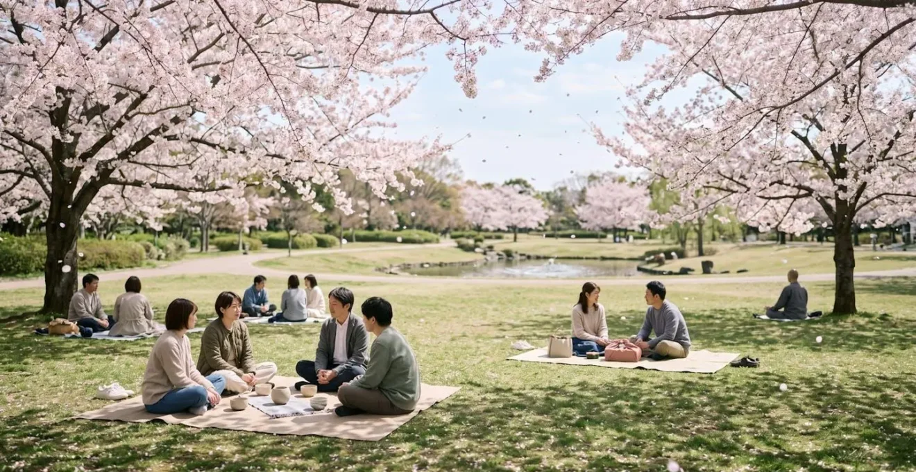 Scene paisible de contemplation des cerisiers en fleurs lors du Hanami au Japon illustrant le respect et l'etiquette traditionnelle