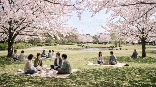 Scene paisible de contemplation des cerisiers en fleurs lors du Hanami au Japon illustrant le respect et l'etiquette traditionnelle