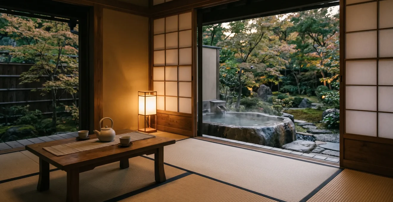 Intérieur traditionnel d'un ryokan japonais avec tatami, shoji et onsen extérieur au crépuscule