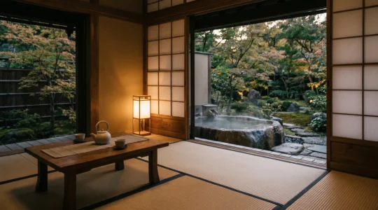 Intérieur traditionnel d'un ryokan japonais avec tatami, shoji et onsen extérieur au crépuscule