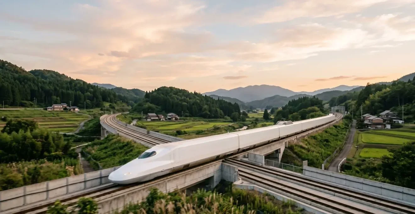 Vue d'ensemble d'un Shinkansen moderne filant à travers le paysage japonais, illustrant vitesse et confort du train à grande vitesse
