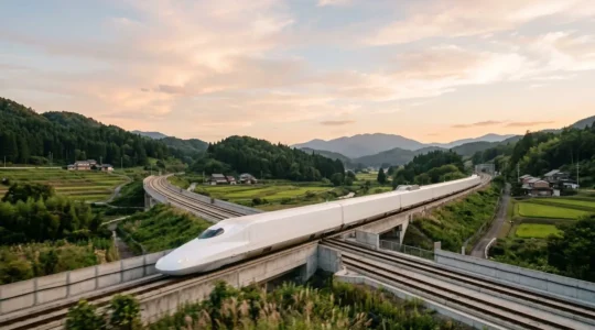 Vue d'ensemble d'un Shinkansen moderne filant à travers le paysage japonais, illustrant vitesse et confort du train à grande vitesse