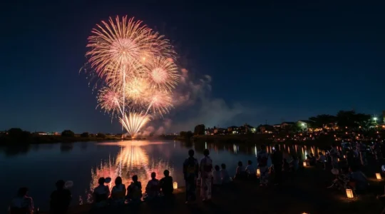 Spectacle de feux d'artifice japonais illuminant le ciel nocturne au-dessus d'un fleuve lors d'un festival d'été