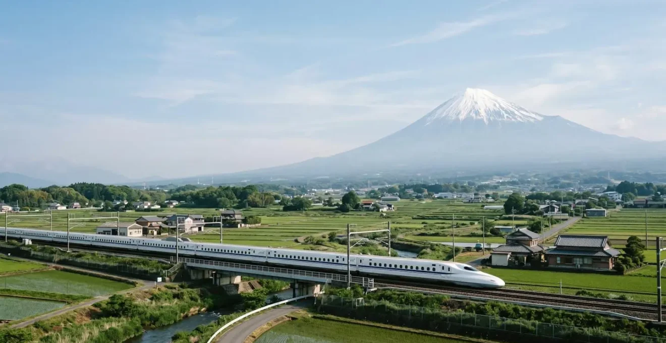 Vue emblématique du Shinkansen traversant le paysage japonais avec le Mont Fuji en arrière-plan