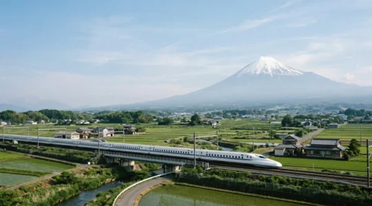 Vue emblématique du Shinkansen traversant le paysage japonais avec le Mont Fuji en arrière-plan