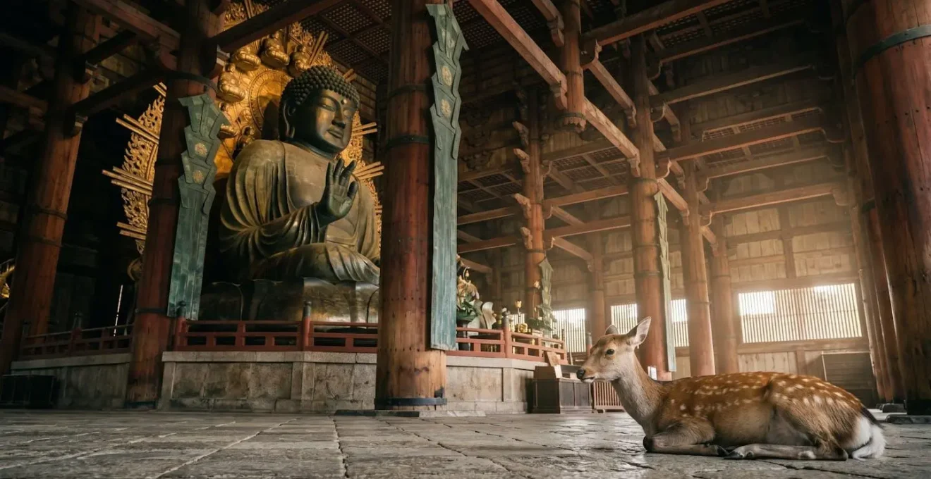 Statue monumentale du Grand Bouddha de Nara dans le hall en bois du temple Todai-ji avec daims sacrés au premier plan