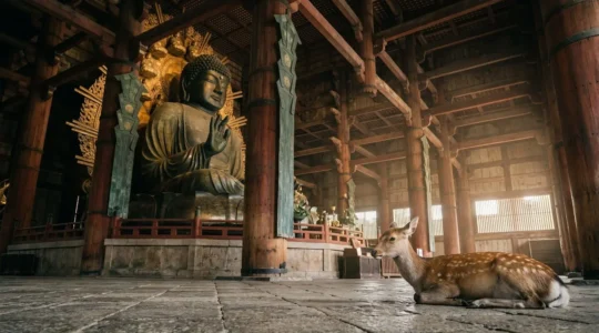 Statue monumentale du Grand Bouddha de Nara dans le hall en bois du temple Todai-ji avec daims sacrés au premier plan
