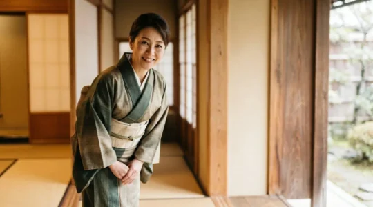 Scène d'accueil traditionnel japonais illustrant l'art de l'omotenashi et l'hospitalité raffinée