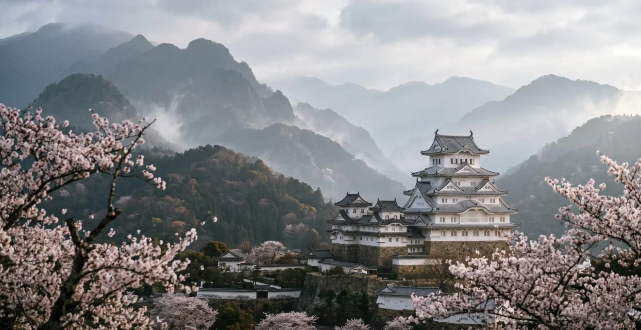 Château japonais féodal avec architecture en bois traditionnel entouré de cerisiers en fleurs dans un paysage montagneux brumeux