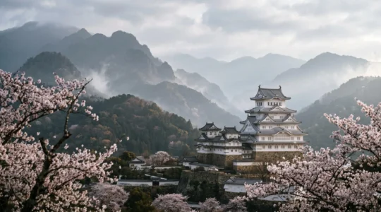 Château japonais féodal avec architecture en bois traditionnel entouré de cerisiers en fleurs dans un paysage montagneux brumeux