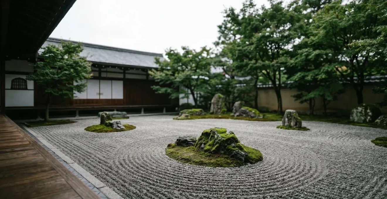 Jardin japonais zen avec pierres et mousse dans une atmosphère méditative et contemplative