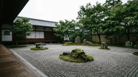 Jardin japonais zen avec pierres et mousse dans une atmosphère méditative et contemplative