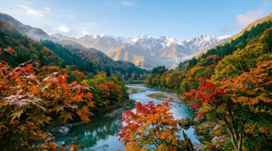 Vallée de montagne japonaise en automne avec érables rouges éclatants et sommets enneigés au loin