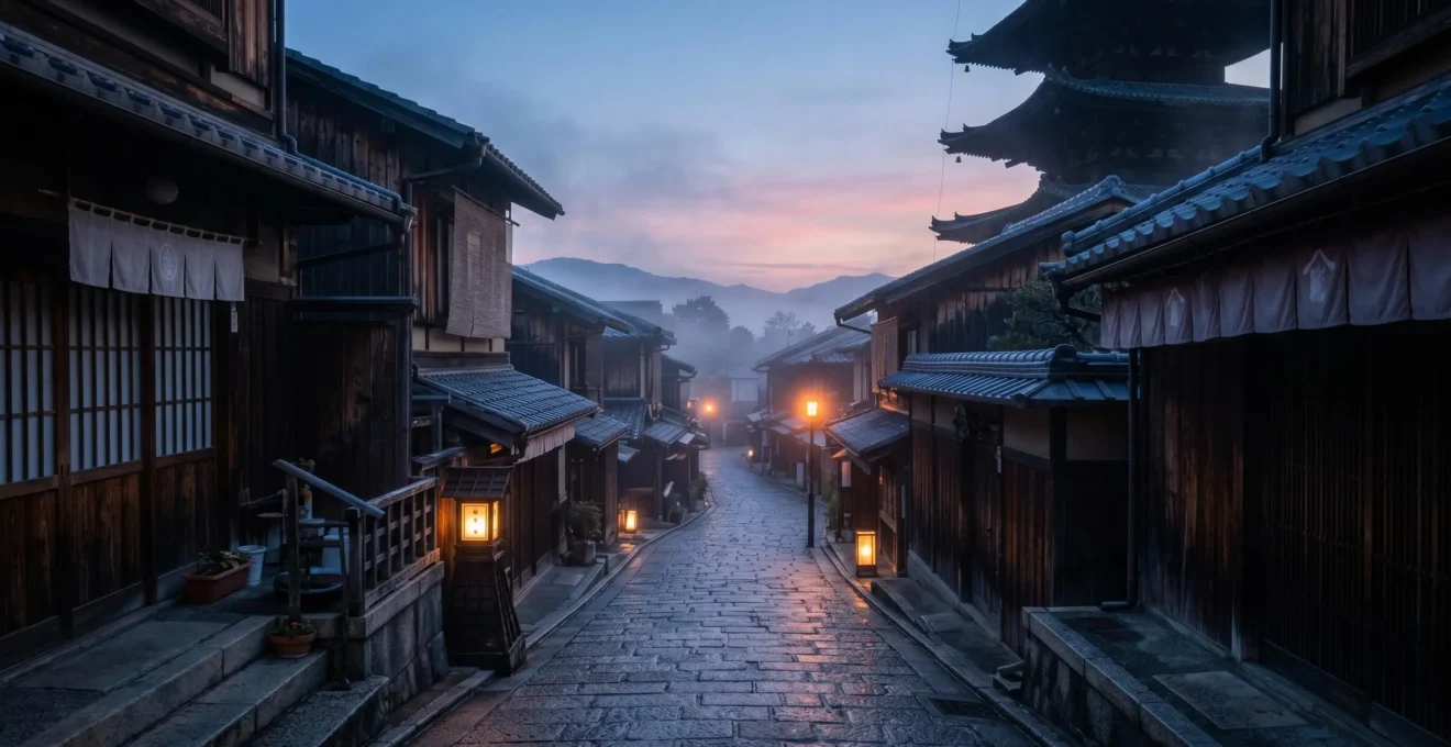 Vue atmosphérique d'une ruelle traditionnelle de Kyoto au petit matin avec lanternes et architecture historique