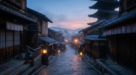 Vue atmosphérique d'une ruelle traditionnelle de Kyoto au petit matin avec lanternes et architecture historique