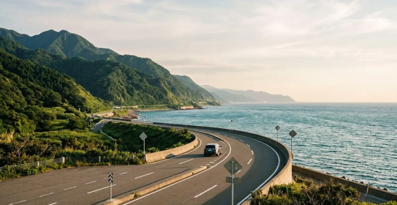 Route côtière japonaise serpentant entre montagne et mer sous un ciel lumineux