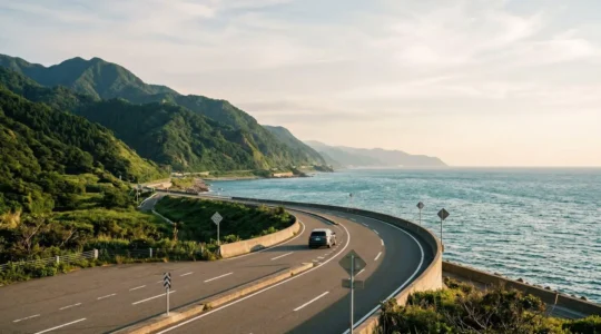 Route côtière japonaise serpentant entre montagne et mer sous un ciel lumineux