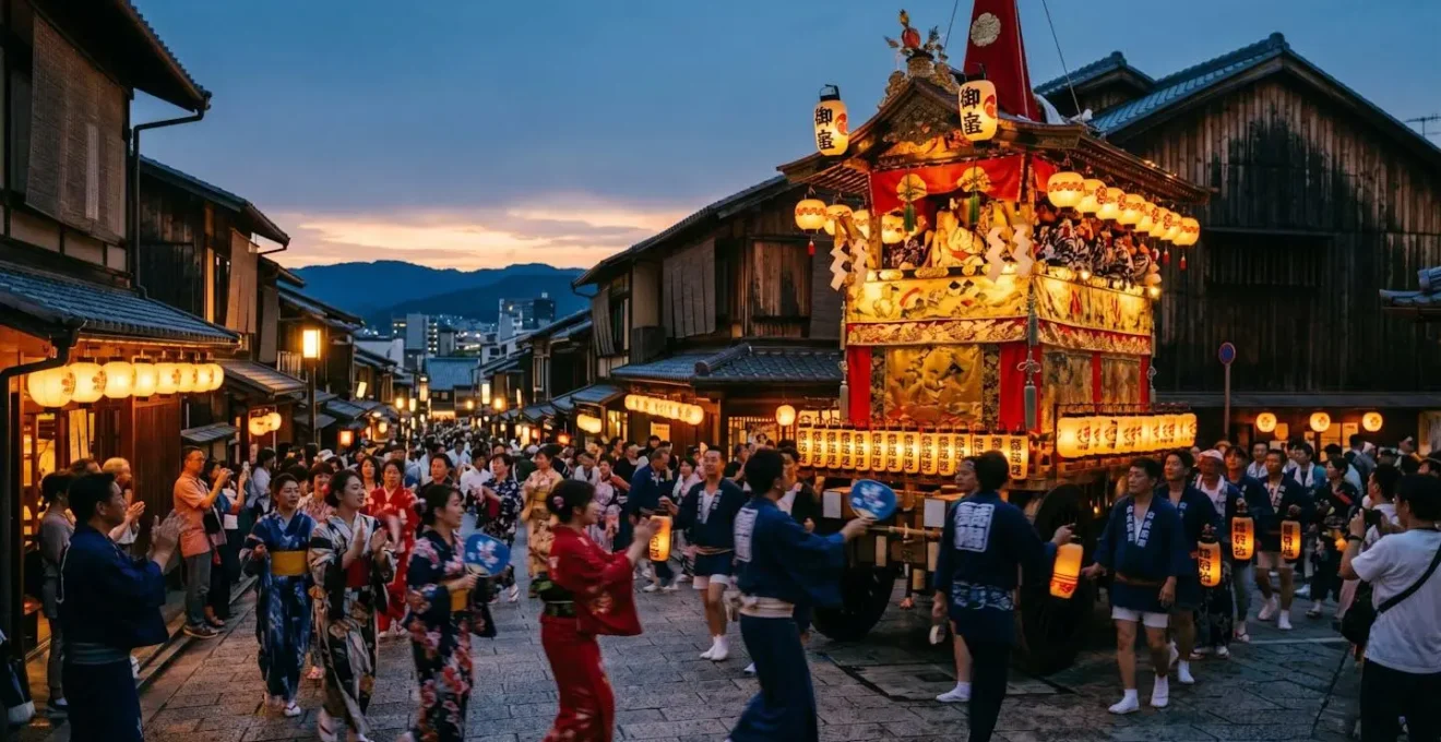 Scène vibrante d'un festival japonais traditionnel avec chars décorés et participants en costumes colorés