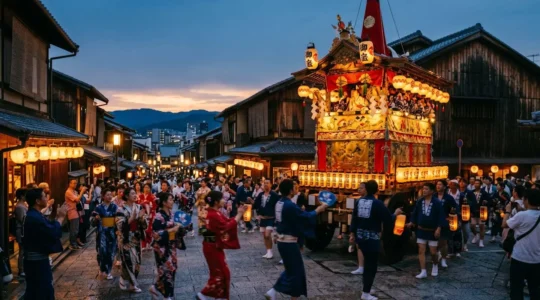 Scène vibrante d'un festival japonais traditionnel avec chars décorés et participants en costumes colorés