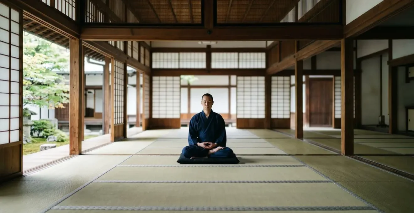Personne méditant en position de zazen dans un temple traditionnel de Kyoto, ambiance sereine et contemplative